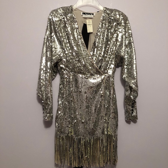ROTATE Samantha Glam Sequins Fringe Wrap Dress - Picture 9 of 16